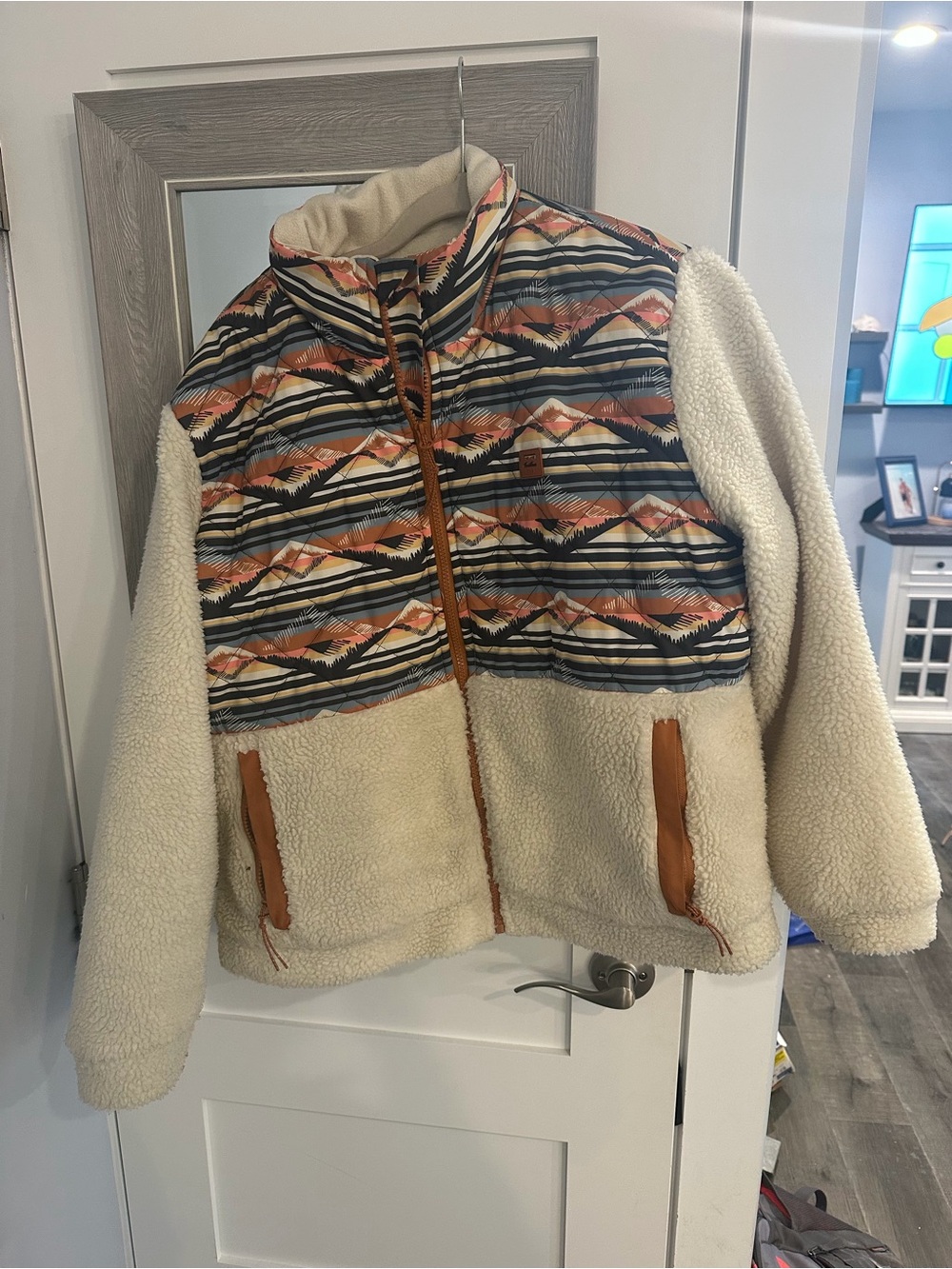 Billabong Cream Sherpa Jacket with Patterned Chest Panel and Tan Trim